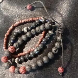 Men's lava rock wooden with porcelain beaded bracelets stackable expandable